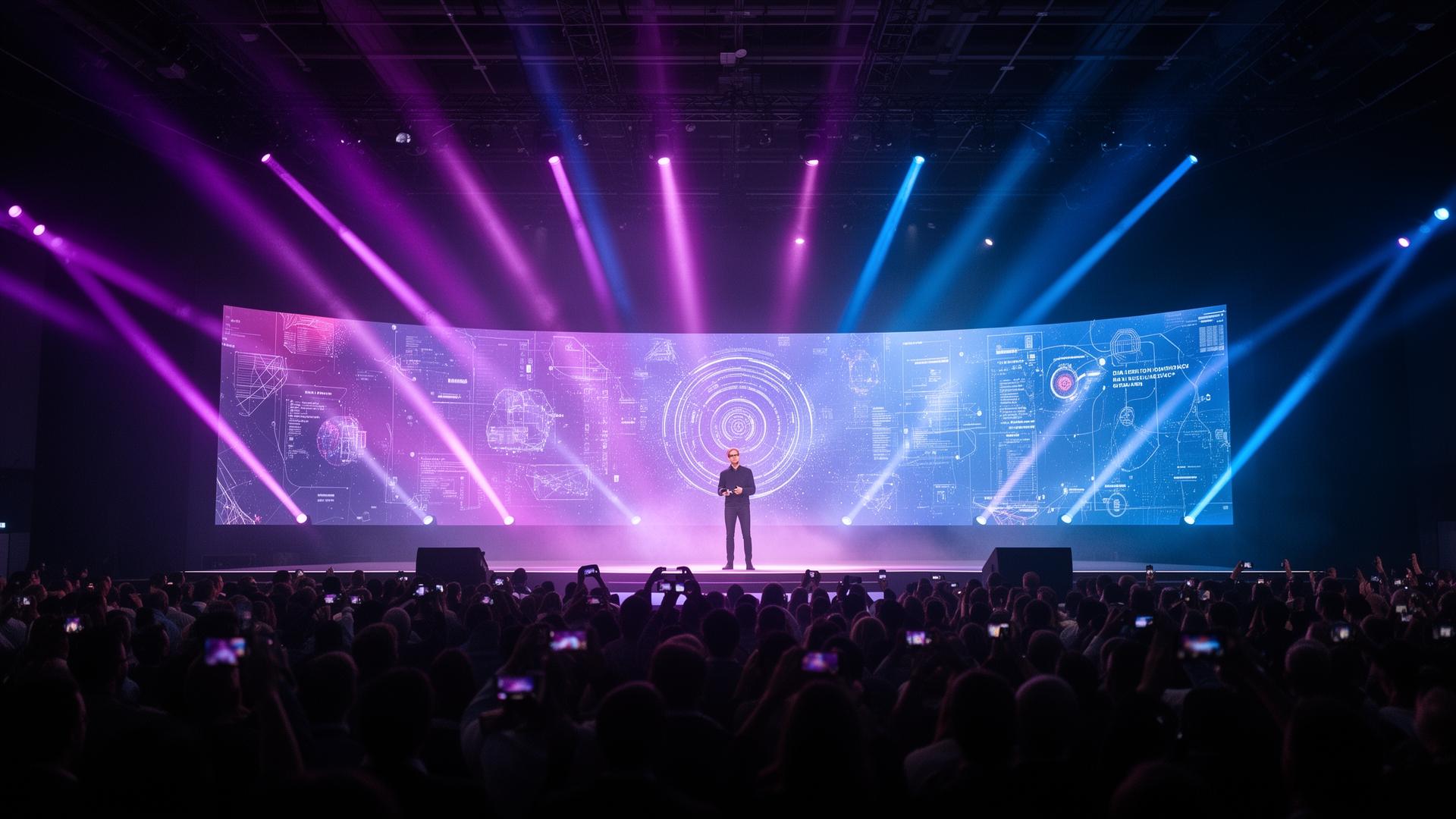 Palco principal de evento corporativo internacional com legendas ao vivo em múltiplos idiomas